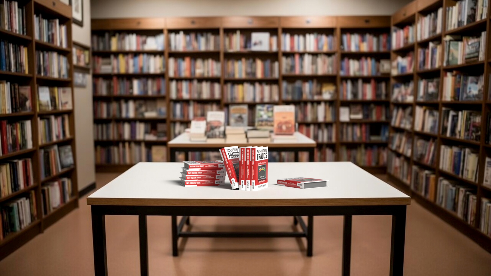 Fact-Checking Frauds on Display Table in Bookshop
